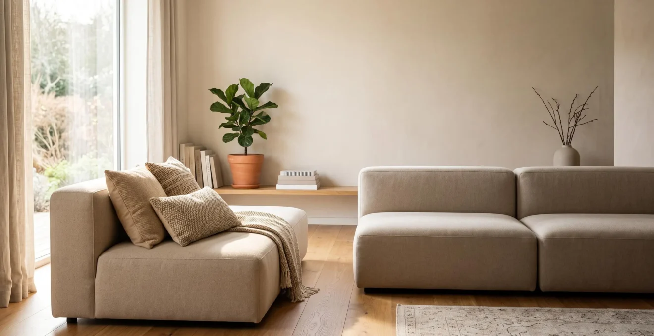 Salón minimalista con mobiliario modular neutro que sugiere adaptabilidad a distintas etapas de vida