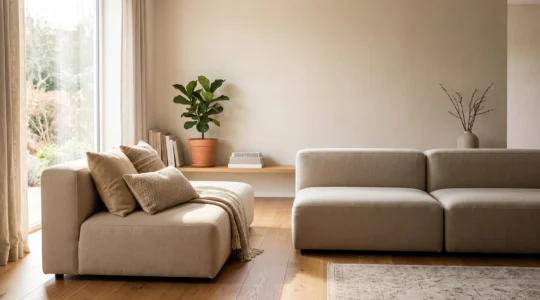 Salón minimalista con mobiliario modular neutro que sugiere adaptabilidad a distintas etapas de vida
