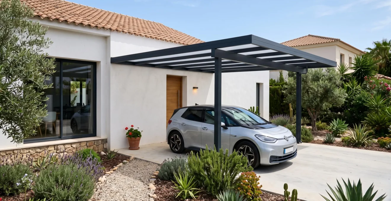 Cubierta de aluminio adosada a una vivienda unifamiliar contemporánea con jardín mediterráneo bajo sol intenso