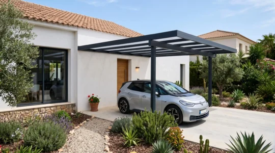 Cubierta de aluminio adosada a una vivienda unifamiliar contemporánea con jardín mediterráneo bajo sol intenso