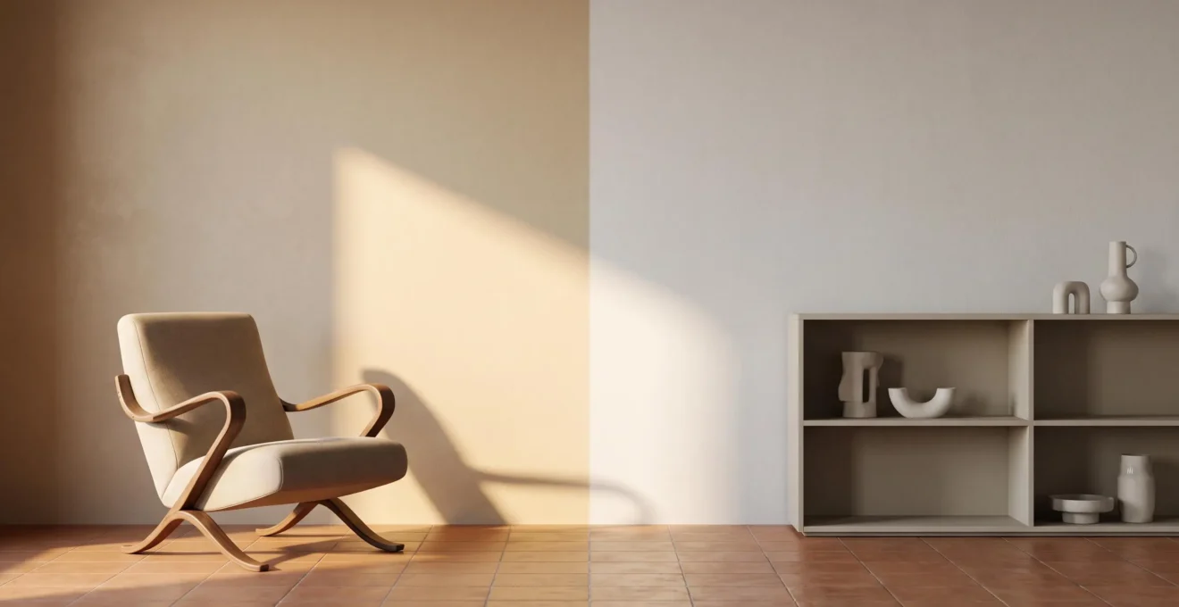 Salón dividido simbólicamente entre una silla de diseño elegante pero incómoda y un rincón funcional pero soso, representando el dilema entre estética y comodidad en la decoración del hogar