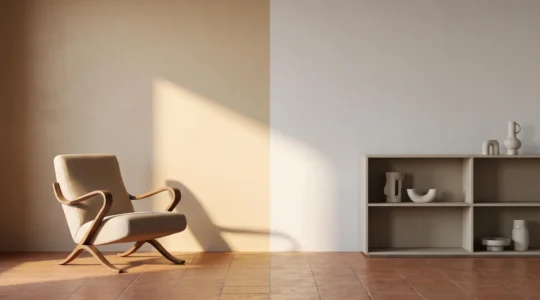 Salón dividido simbólicamente entre una silla de diseño elegante pero incómoda y un rincón funcional pero soso, representando el dilema entre estética y comodidad en la decoración del hogar