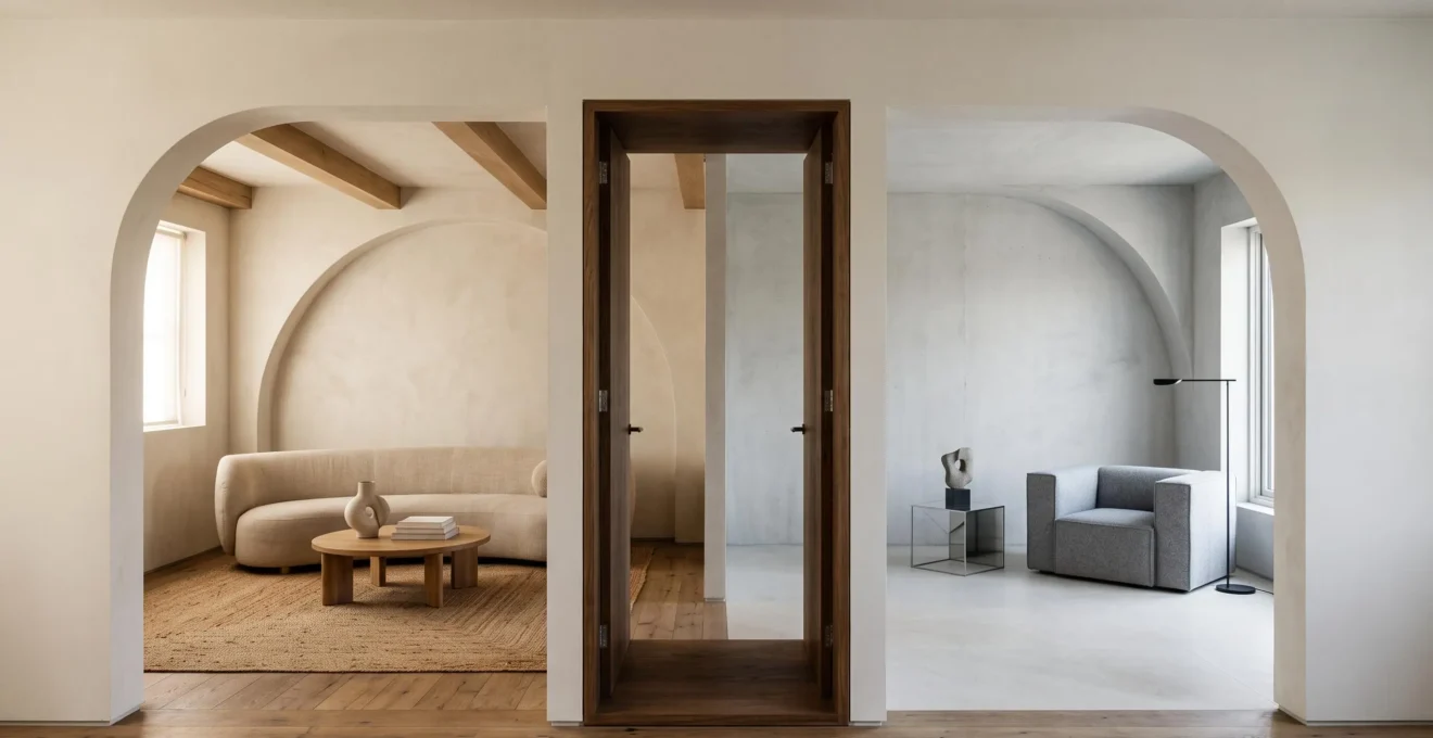 Vista simetrica de un pasillo que conecta dos habitaciones con atmosferas decorativas distintas pero sutilmente relacionadas