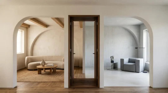 Vista simetrica de un pasillo que conecta dos habitaciones con atmosferas decorativas distintas pero sutilmente relacionadas