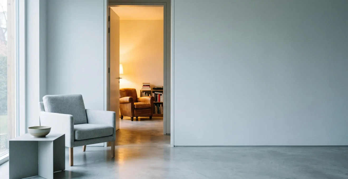 Contraste entre un salón moderno minimalista y la luz cálida que se filtra desde un umbral evocador de la infancia