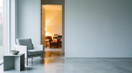 Contraste entre un salón moderno minimalista y la luz cálida que se filtra desde un umbral evocador de la infancia