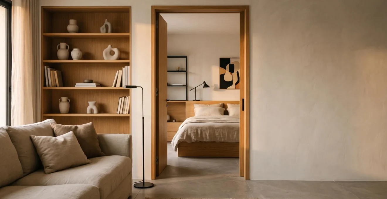 Interior de una vivienda con una línea de visión que conecta salón y dormitorio mediante materiales y tonos repetidos sutilmente