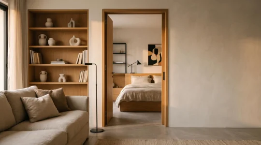 Interior de una vivienda con una línea de visión que conecta salón y dormitorio mediante materiales y tonos repetidos sutilmente