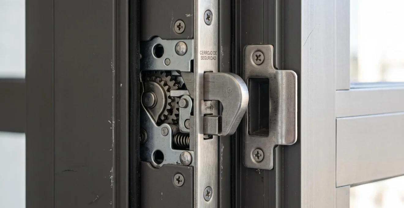 Detalle macro de cerradura multipunto y bisagras reforzadas en puerta de aluminio mostrando acabado y robustez