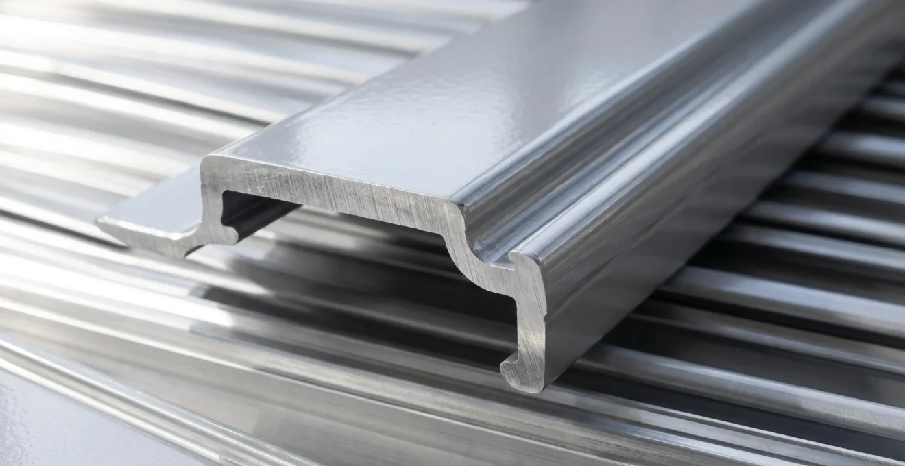 Primer plano detallado del borde de un perfil de aluminio lacado de contraventana, mostrando el grosor del material y el acabado superficial brillante