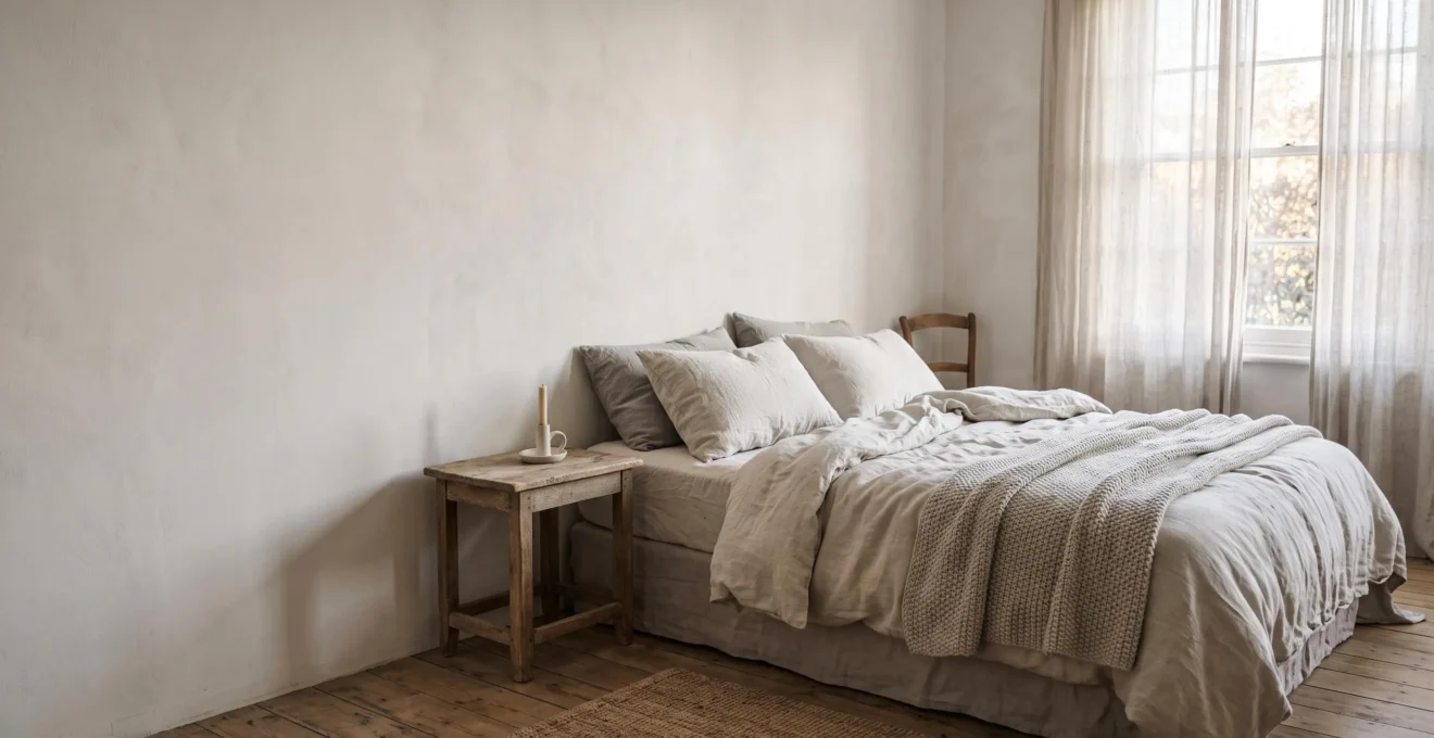 Dormitorio sereno al amanecer con luz natural cálida, textiles naturales y un ambiente que transmite calma y descanso genuino