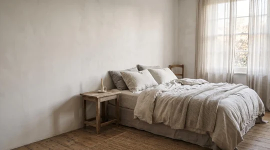 Dormitorio sereno al amanecer con luz natural cálida, textiles naturales y un ambiente que transmite calma y descanso genuino