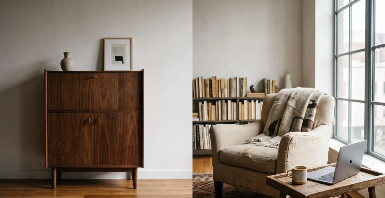 Salon moderno con un elegante mueble bar cerrado y sin uso en un lateral, y un rincon de trabajo sencillo y funcional iluminado por luz natural al otro lado