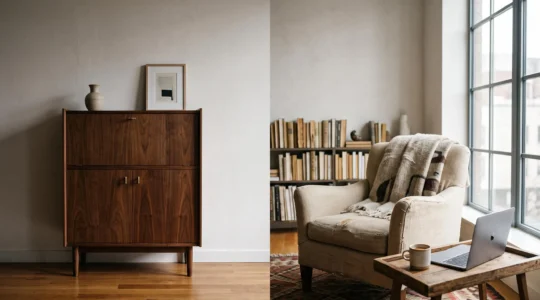 Salon moderno con un elegante mueble bar cerrado y sin uso en un lateral, y un rincon de trabajo sencillo y funcional iluminado por luz natural al otro lado