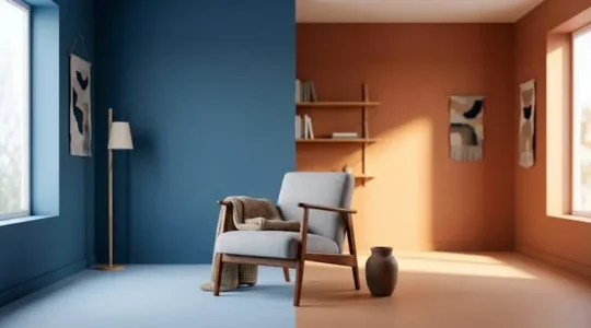 Salón luminoso con paredes en dos tonos contrastantes que simbolizan el equilibrio entre calma y energía a través del color