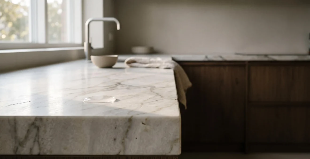Encimera de cocina de piedra con textura veteada iluminada por luz natural, simbolizando durabilidad y resistencia al uso diario