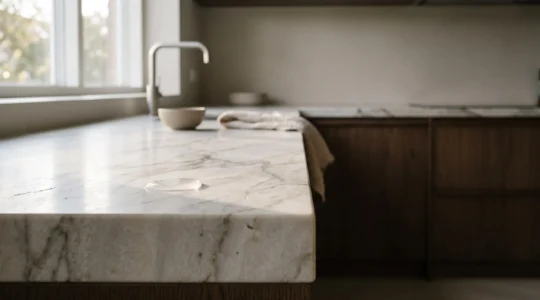 Encimera de cocina de piedra con textura veteada iluminada por luz natural, simbolizando durabilidad y resistencia al uso diario