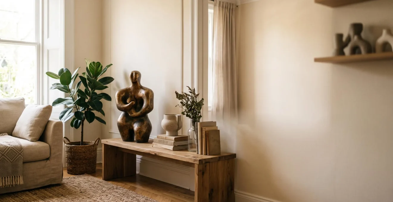Escultura contemporánea integrada de forma natural en un salón luminoso, junto a un sofá de lino y una planta, sin aspecto de museo