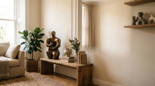 Escultura contemporánea integrada de forma natural en un salón luminoso, junto a un sofá de lino y una planta, sin aspecto de museo