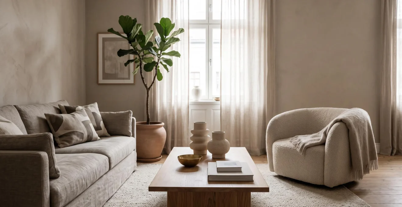 Salón elegante decorado en tonos neutros cálidos con texturas variadas y luz natural suave