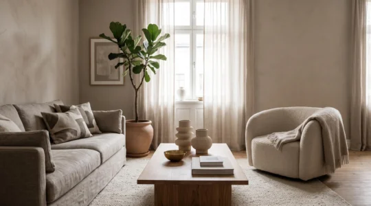 Salón elegante decorado en tonos neutros cálidos con texturas variadas y luz natural suave