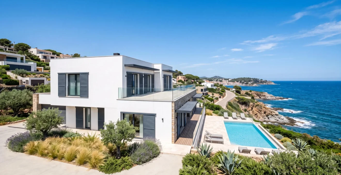 Fachada exterior de una vivienda mediterránea de paredes blancas con contraventanas de aluminio en perfecto estado bajo la luz del sol