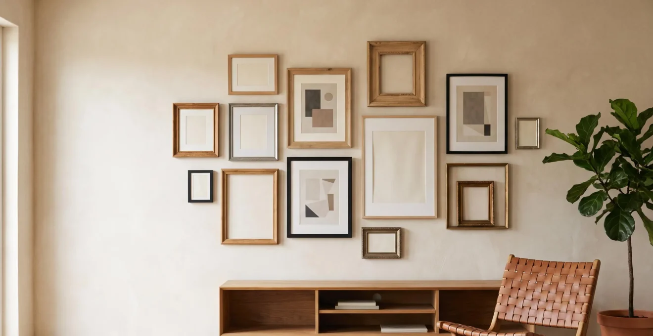 Pared de salón con una galería de cuadros de distintos tamaños organizada con equilibrio y armonía