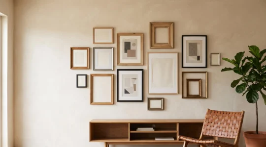 Pared de salón con una galería de cuadros de distintos tamaños organizada con equilibrio y armonía