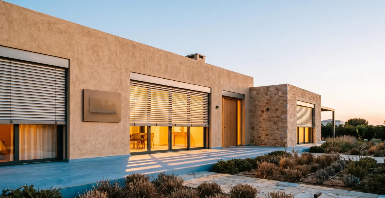 Fachada de una vivienda mediterránea moderna al atardecer con persianas motorizadas a media altura, luz cálida entrando en el salón