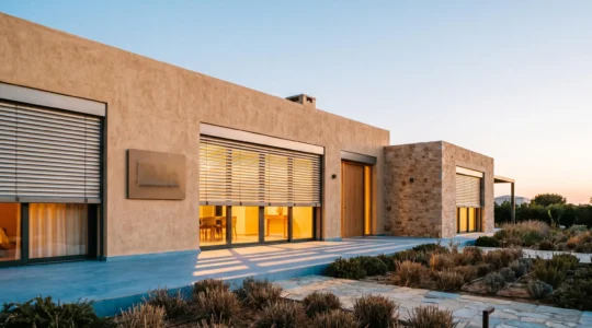 Fachada de una vivienda mediterránea moderna al atardecer con persianas motorizadas a media altura, luz cálida entrando en el salón