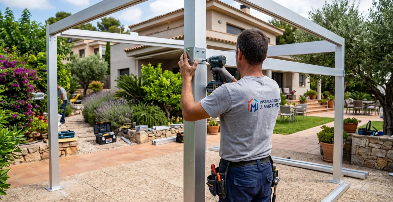 Instalador profesional ensamblando perfiles de aluminio de un carport, visto desde atrás, enfoque en las manos trabajando con la estructura metálica en un jardín residencial