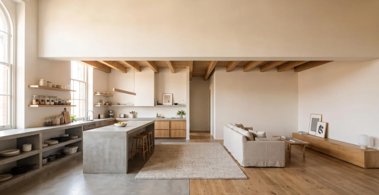 Loft diáfano con cocina y salón separados visualmente sin tabiques, con luz natural abundante