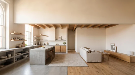 Loft diáfano con cocina y salón separados visualmente sin tabiques, con luz natural abundante