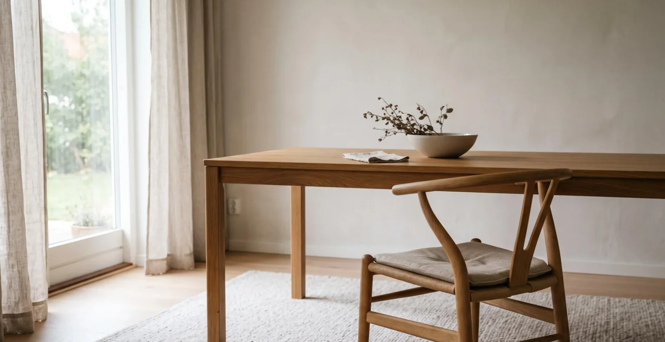 Silla de diseño moderno frente a una mesa de comedor minimalista que sugiere tensión postural silenciosa