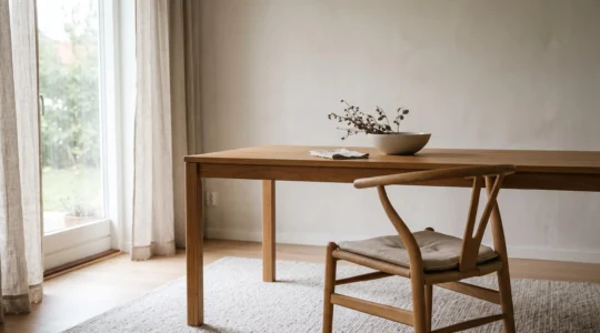 Silla de diseño moderno frente a una mesa de comedor minimalista que sugiere tensión postural silenciosa