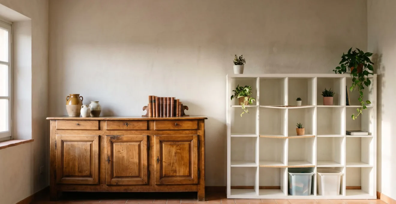 Contraste editorial entre un mueble de madera maciza envejecido con dignidad y un mueble moderno de aglomerado deformado, simbolizando la diferencia de calidad oculta