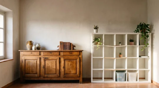 Contraste editorial entre un mueble de madera maciza envejecido con dignidad y un mueble moderno de aglomerado deformado, simbolizando la diferencia de calidad oculta