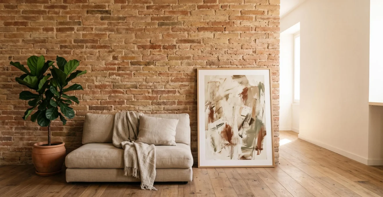 Pared de ladrillo original restaurada en un salón luminoso con mobiliario contemporáneo y textiles cálidos