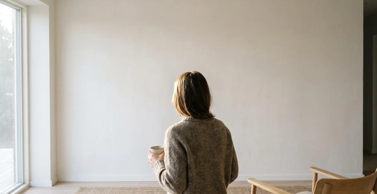 Persona contemplando una amplia pared vacía de un salón luminoso antes de decidir cómo decorarla