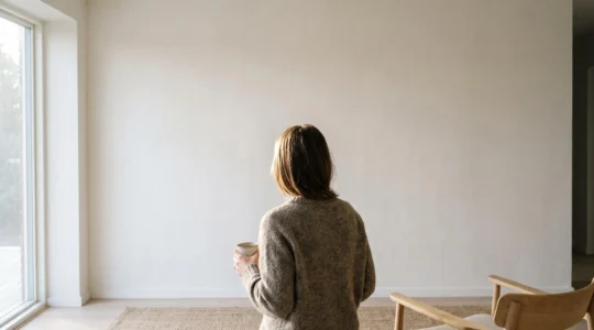 Persona contemplando una amplia pared vacía de un salón luminoso antes de decidir cómo decorarla