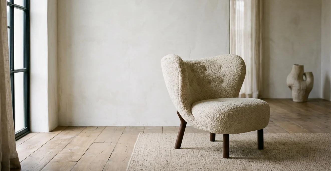Sillón de autor de líneas escultóricas iluminado como pieza central de un salón minimalista, con espacio negativo alrededor que sugiere la duda entre acierto y error decorativo.