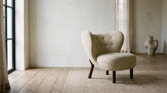 Sillón de autor de líneas escultóricas iluminado como pieza central de un salón minimalista, con espacio negativo alrededor que sugiere la duda entre acierto y error decorativo.