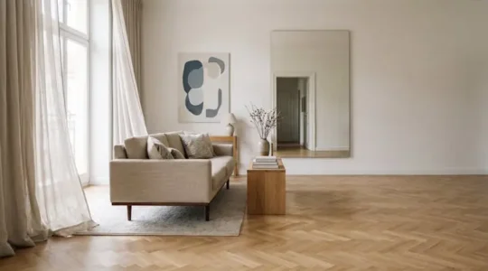 Salón minimalista y luminoso con espejo estratégico y mobiliario elevado que transmite una sensación de amplitud