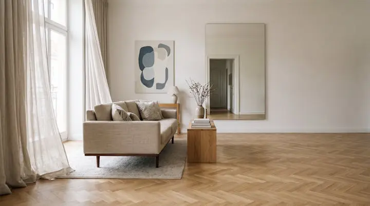 Salón minimalista y luminoso con espejo estratégico y mobiliario elevado que transmite una sensación de amplitud