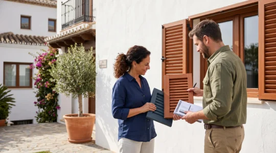 Propietario consultando diferentes muestras de contraventanas de aluminio y madera con un profesional en el exterior de una vivienda mediterránea con paredes blancas