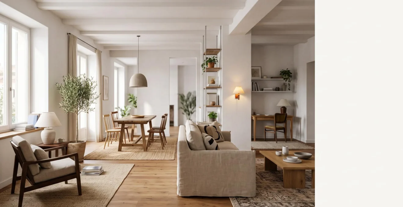 Salón amplio de 28 m² dividido en cuatro ambientes funcionales diferenciados por alfombras, iluminación y mobiliario bajo, sin paredes