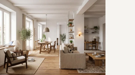 Salón amplio de 28 m² dividido en cuatro ambientes funcionales diferenciados por alfombras, iluminación y mobiliario bajo, sin paredes