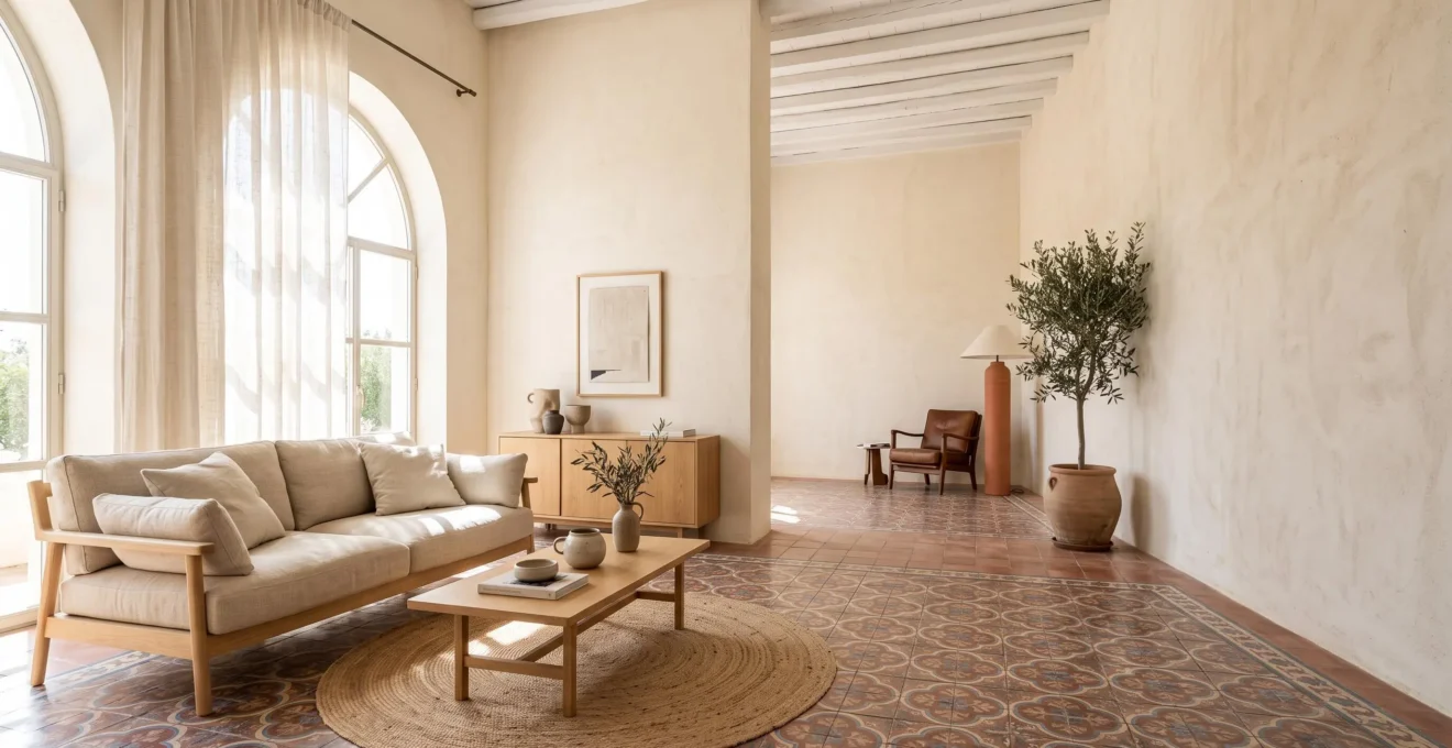 Salón luminoso que combina madera clara nórdica con arquitectura mediterránea y luz natural intensa