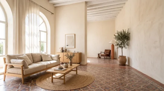 Salón luminoso que combina madera clara nórdica con arquitectura mediterránea y luz natural intensa