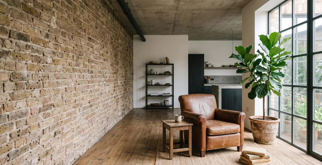 Salon de un piso de 65 metros cuadrados con estetica industrial autentica, ladrillo visto y luz natural